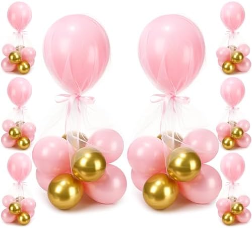 BBTO 8 Set Pink Gold Table Centerpieces Balloons Stand Kit, Latex Balloons and Table Stand Holder with Base Tulle for Wedding Birthday Grad Prom Centerpieces Party Back to School Baby Shower by BBTO