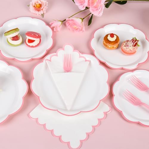 96 Pcs Pink and White Paper Plates and Napkins Set Serve for 24 Guests - Image 3
