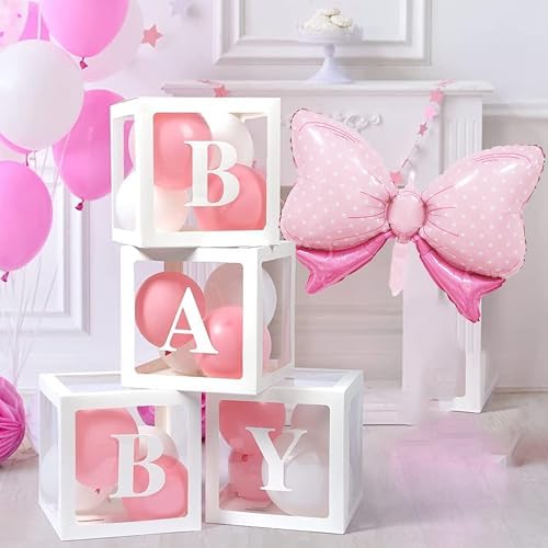 143Pcs Pink Bow Baby Shower Decorations for Girl, Coquette Party Supplies with 5x3ft Backdrop, 4 Baby Boxes with Letters, Balloon Garland Arch Kit, Tablecloth & Cake Toppers for It's a Girl Reveal - Image 5