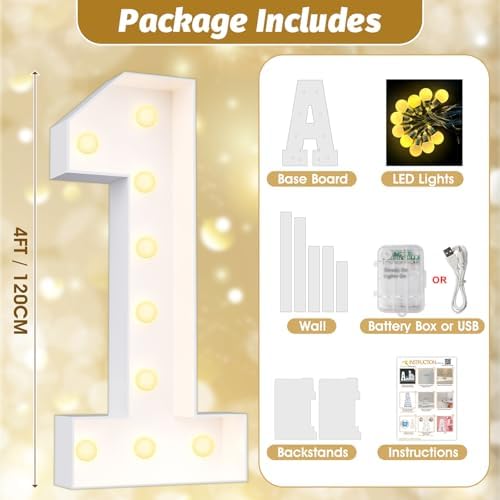 Ledido Easy-Assemble 4FT Warm White Marquee Light Up Number 1 for Birthday - Image 2