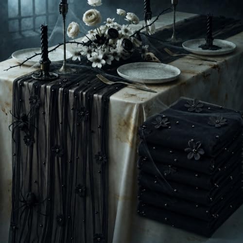 6 Pcs 29x120'' Pearl Tulle Table Runner 10ft Wedding Tablecloth, Black by Unknown