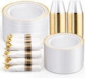 WELLIFE 350Pcs Gold Plastic Plates for 50 Guests - Plastic Dinnerware Set, Includes 100 Party Plates,150 Gold Silverware Disposable,50 Napkins,50 Cups,Disposable Plates for Party and Wedding by WELLIFE