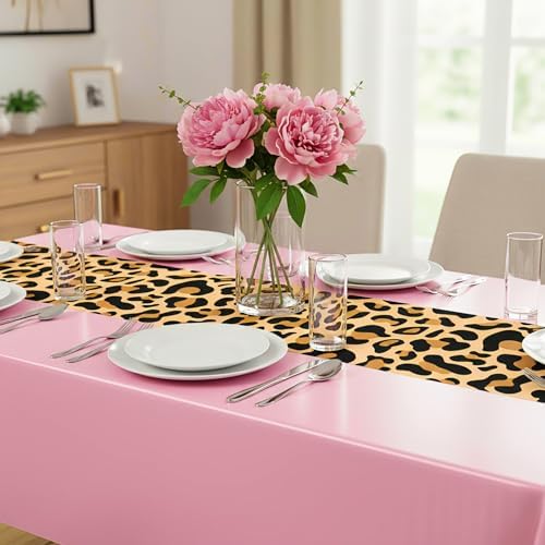 Buryeah 6 Pcs 54 x 108'' Plastic Disposable Leopard Tablecloth, Pink - Image 5