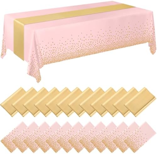 Breling 24 Pack Pink and Gold Disposable Tablecloths and Table Runner Set by Breling