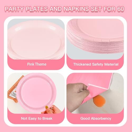 180Pcs Pink Party Supplies Paper Plates and Napkins Serve 60 - Image 3