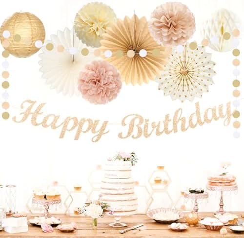 Champagne-Gold Beige Fall Boho Birthday Party-Decorations - 21pcs Autumn Neutral Retro Happy Banner,Girl One Sweet Peach Paper Streamers Lanterns,Tissue Pom Poms Fan,Rustic Backdrop Decor Huglony - Image 6