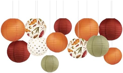 NICROLANDEE 12Pcs Burgundy Orange Maple Leaves Hanging Paper Lanterns by nicrolandee