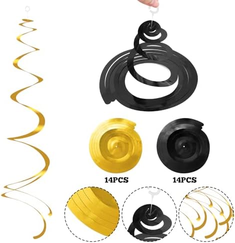 Colorful Ceiling Swirl Foil Decorations Hanging Plastic Streamer Themed Swirl Party Decoration for Wedding New Years Day Graduation Celebration, Pack of 28 (Gold, Black) - Image 3
