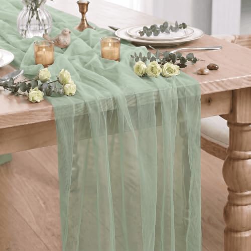 Artoid Mode 3Pcs Sage Green Gauze Table Runner 28x120Inch, Seasonal Sheer Kitchen Dining Holiday Wedding Birthday Baby Shower Table Decor for Home Party by ArtoidMode