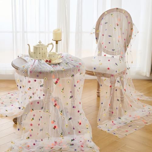 BINBE 1pcs Ivory Daisy Spring Table Runner Embroidery Gauze 10FT Florals Seasonal Tulle Holiday Birthday Kitchen Dining Table Decor for Home Party - Image 5