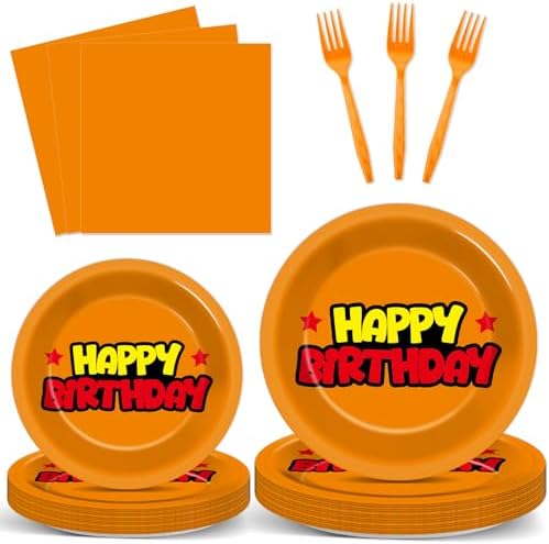 96pcs Anime Theme Birthday Paper Plates and Napkins Cartoon Anime Party Supplies Orange And Red Stars Disposable Dinnerware Tableware Set for Kids Birthday Baby Shower Decoration Serve 24 by partygreeting