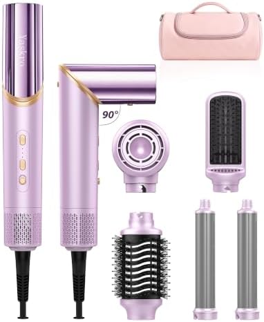 6-in-1 Hot Air Brush & Hair Dryer, 110,000 RPM High-Speed Ionic Blow Dryer Ionic Auto Curlers, Detachable Tools, 90° Rotating Handle for Fast Drying, Curling, Straightening & Volumizing All Hair Types by Yaskro