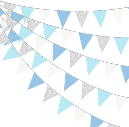 Dusty Blue Silver White Party Decorations Pennant Banner Flag Hanging Glitter Triangle Bunting for Birthday Graduation Bridal Shower Wedding Engagement Nautical Ahoy Achor Party Supplies by pinkblume