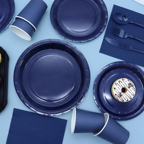 168Pcs Navy Blue Party Supplies for Navy Blue Party Decorations includes Paper Plates and Napkins Cups Utensils,Blue Disposable Plates Set for Boy Baptism Birthday Graduation Serve 24 Guests - Image 6