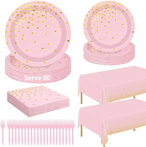 122 Pcs Pink Plates and Napkins Party Supplies, Birthday Decorations for Women Serves 30, Girl Baby Shower Decorations with Wedding Paper Plates, Golden Pink Party Supplies with Fork and Tablecloth by QZYL