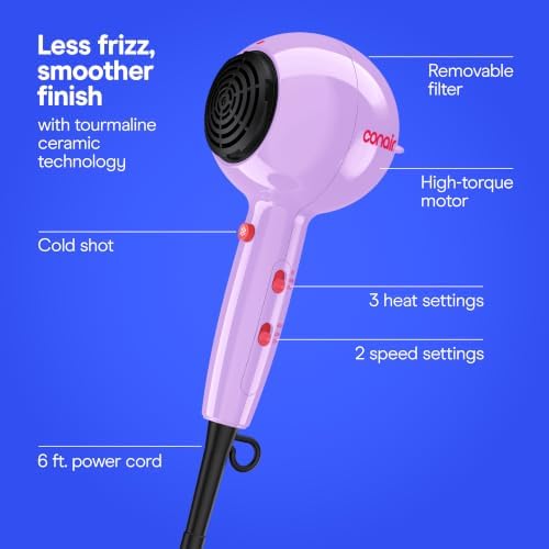 Conair Cake Pop Hair Dryer with Diffuser & Concentrator, Lavender Whip - Image 3
