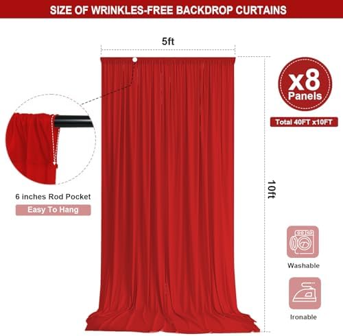 Red Backdrop Curtain - 40x10FT Back Drop Curtains for Parties Wrinkle-Free Soft Polyester Photo Backdrop Wedding Decorations Photoground Backdrop Stain-Resistant for Back Drop Stand, 8 Panels - Image 2