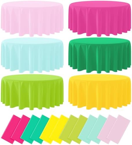 12 Pack Hawaiian Plastic Tablecloth for Round Tables, Pink Green Yellow Tropical Disposable Table Cover, Luau Round Table Cloth for Summer Flamingo Birthday Picnic Party Supplies Decorations by Hauwellter