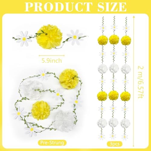 Daisy Party Decorations Yellow White Tissue Flowers Pom Pom Daisy Hanging Leaf Garland Streamer Banner for Spring Summer Themed Birthday Wedding Shower Tea Party Supplies Home Garden Decor - Image 2