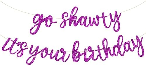 BEISHIDA Purple Go Shawty It's Your Birthday Banner - NO DIY - Hip Hop Theme Glitter Happy Birthday Banner - Pre-Strung - Purple Rap Theme Happy Birthday Sign for Man Women birthday Party Supply by Beishida