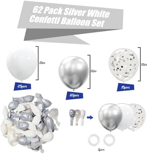 62pcs Party Decorations Balloons Kit - 12 Inches Silver White Confetti Party Balloons for Graduation Birthday Wedding Party Baby Shower Decoration Supplies - Image 3