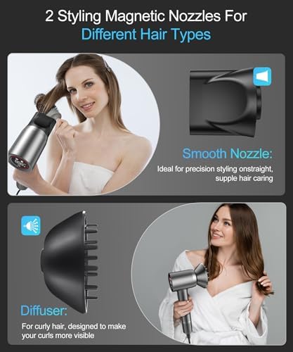 Cosy Companions Hair Dryer - Negative Ionic Blow Dryer with 150000 RPM High Speed Brushless Motor for Fast Drying, Low Noise, HD Display Hair Dryer with Diffuser and Nozzle, 5 Temps & 2 Speeds - Image 6