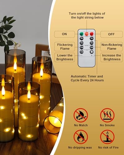 Enido Flameless LED Candles with Remote & Timer, Battery Operated Acrylic Pillar Set, 10 Pc Flickering Electric Lights with Embedded Star String for Cozy Home & Holiday Romantic Decor (Grey) - Image 4