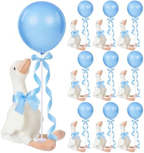 Chunful 10 Set Blue One Silly Goose 1st Birthday Decoration 11.8 Inch Soft Goose Stuffed Animal Baby Shower Centerpieces Swan Stuffed Animal with Balloon Table Decor for Wedding Gift Party Favor by Chunful