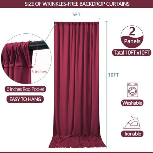 ESGOTBME 10x10ft Wrinkle Free ‌Burgundy Backdrop Curtain for Parties Soft Fabric Drapes Wedding ‌Curtain Backdrop for Birthday Party Decorations Background for Photography 5x10ft, 2 Panels - Image 4