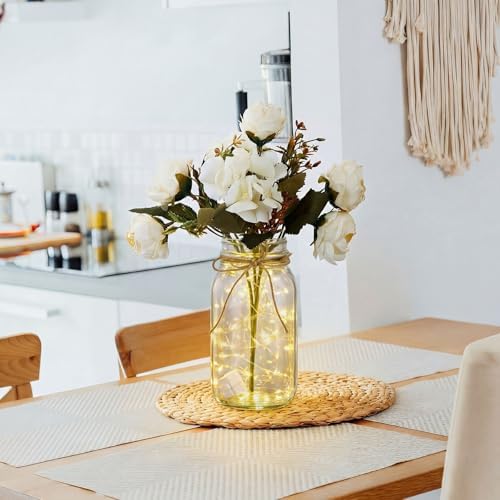 4 Sets Faux Peony Mason Jar Centerpiece with LED Lights for Wedding - Image 6