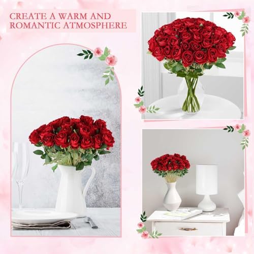 Hananona 50 Pcs Artificial Roses, Realistic Silk Burgundy Flowers Bulk - Image 4
