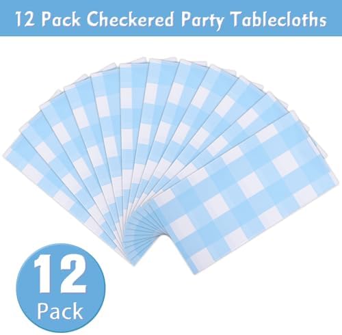 Kesfey 12 Packs Light Blue Gingham Tablecloth Pale Blue and White Checkered Tablecloths 54 x 108 Inch Disposable Plastic Gingham Tablecovers Waterproof Rectangle Picnic Table Cover for Birthday Party - Image 5