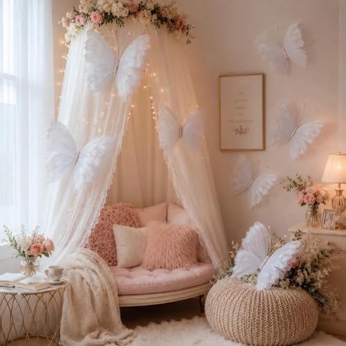 8 Pcs Large Butterfly Decorations, 3D White Silk Butterflies Wall Decor, 20 Inch Big and 12 Inch Small Hanging Butterflies for Wedding, Baby Shower, Birthday Party, Nursery and Centerpieces - Image 3