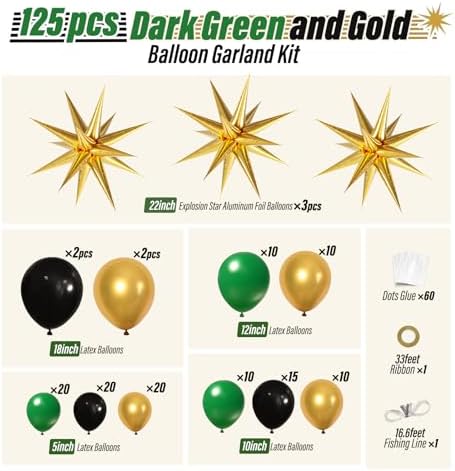Green and Gold Black Balloon Arch Kit with 3pcs Star Balloons - Image 2