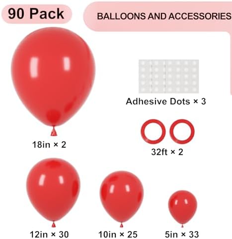 Voircoloria 90pcs Red Balloons Garland Arch Kit, 18 12 10 5 Inch - Image 2