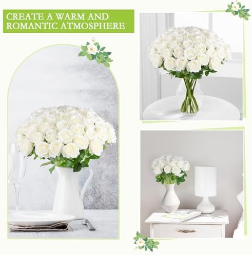 Hananona 100 Pcs Artificial Roses, Realistic Silk Flowers Bulk, White - Image 4