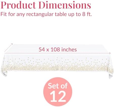 Prestee 12-Pack White and Gold Tablecloth - 54x108 Inch - Disposable Table Covers for Party, Weddings, and Holidays - Waterproof Christmas Tablecloth, Stain-Resistant Plastic Table Cover Set - Image 3