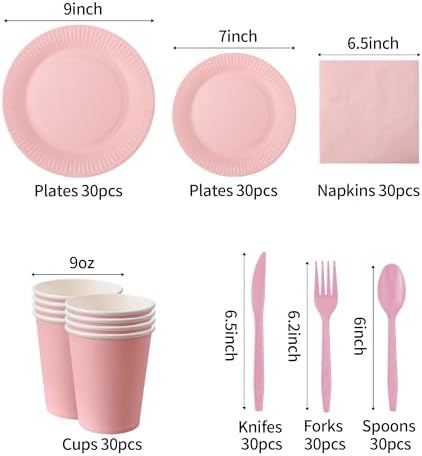 210pcs Pink Plates And Cups Disposable Tableware Party Supplies -Plastic Silverware, Paper Cups And Plates Serves 30 (Pink) - Image 2
