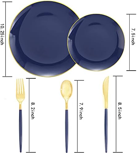 Liacere 150PCS Blue Plastic Plates - Gold Plastic Silverware with Blue Handle - Navy Disposable Plates Include 30 Guests Plates,Forks,Spoons,Knives for Party & Back to School Party & Labor Day - Image 2