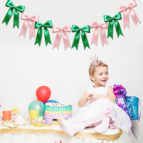 1 String of 8PCS Pink&Green Bow Garland Banner Wicked Party Decoration,Pre-Strung Satin Ribbon Ornaments for Birthday,Bachelorette Party,Wedding,Engagement,Baby Shower,Graduation Decor,Anniversary - Image 4