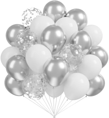 Hiquaty Silver Balloons,50pcs 12 Inch Silver and White Balloons by Hiquaty