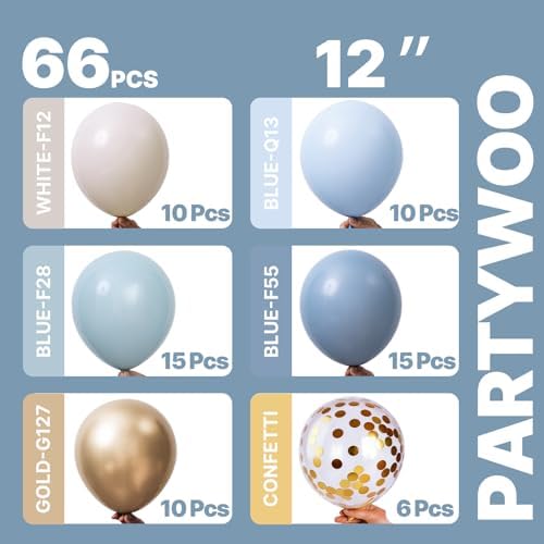 PartyWoo Dusty Blue Balloons 66pcs 12 Inch Slate Blue White Gold Balloons - Image 2