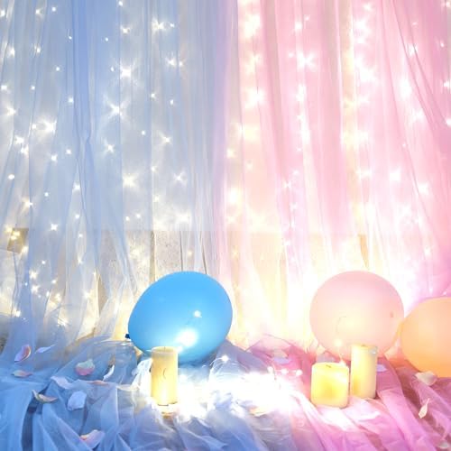 Pink and Blue Backdrop Curtains with Lights String for Baby Shower Sheer Tulle Backdrop Curtain for Gender Reveal Birthday Party Bridal Shower Photo Shoot Background Decorations 2 Panels 5×10ft - Image 5