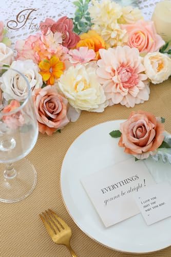 Floweroyal Artificial Flowers Combo Champagne Flowers Mix Silk Flowers Dahlia Roses with Stems for DIY Wedding Bridal Bouquets, Baby Shower, Floral Arrangement, Table Centerpieces, Home Decorations. - Image 5