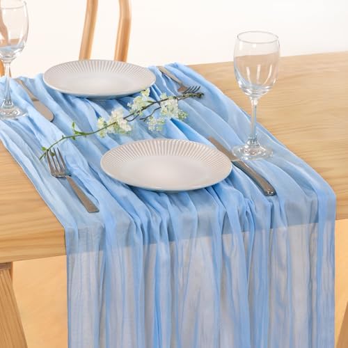 Light Blue Cheesecloth Table Runner Baby Shower Gender Reveal Decor, 2 Pack - Image 3