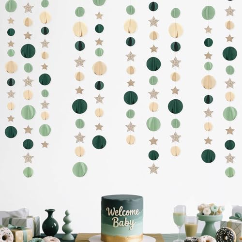Champagne Gold Sage Green Beige 3D Polka Dot Star Hanging Streamer Circle Dot Star Garland Banner for Neutral Birthday Wedding Engagement Safari Jungle Woodland Party Decorations Supplies - Image 7
