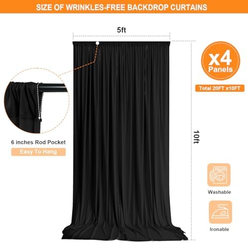 Black Backdrop Curtain - 20x10FT Back Drop Curtains for Parties Wrinkle-Free Soft Polyester Photo Backdrop Wedding Decorations Photoground Backdrop Stain-Resistant for Back Drop Stand, 4 Panels - Image 4