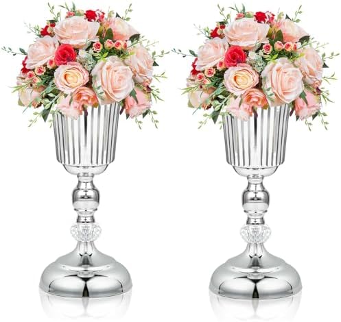 2PCS Silver Metal Flower Trumpet Stripe Vases Crystal Table Centerpieces Artificial Flower Arrangements for Anniversary Celebration/Wedding/Party/Birthday Event Aisle Home Decor by KOLNLALA