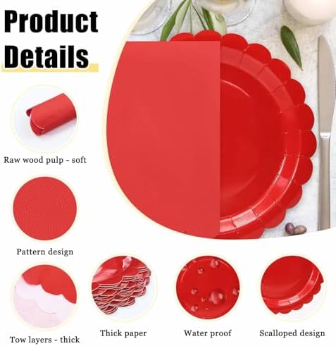 HEIPINIUYE 50 Pcs Red Paper Plates and Napkins Party Supplies Include 7'' Red Scalloped Plates and 6.5'' Paper Napkins Disposable Tableware Set for Dinner Wedding Birthday Party (Serves 25) - Image 4