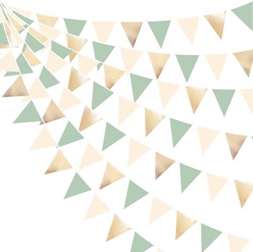 Sage Green Beige Champagne Gold Party Decorations Metallic Fabric Triangle Pennant Banner Bunting Flag Garland for Baby Shower Birthday Wedding Engagement Bridal Shower Graduation Decoration Supplies by pinkblume